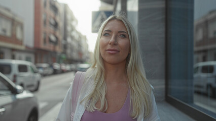 Fototapeta premium Woman with blonde hair carrying a pink backpack gazing down a city street between buildings; serenity.