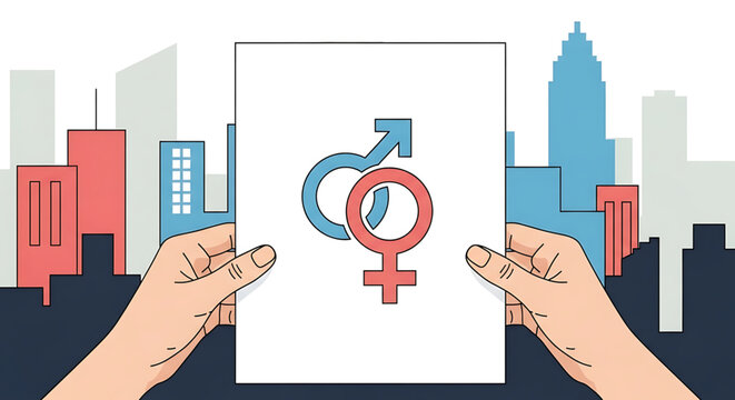 Hands holding a paper with gender equality symbol in front of a city skyline gender equality