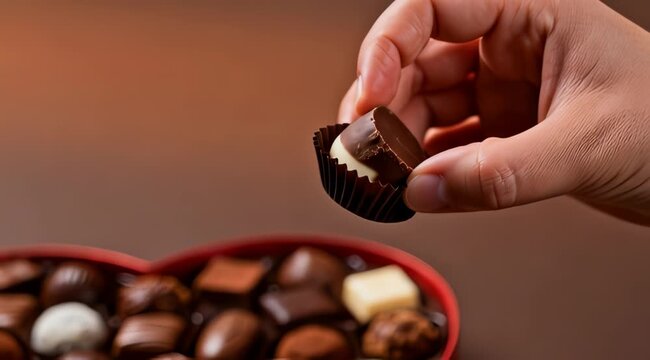 A hand reaching for a delicious chocolate from a heart-shaped box of assorted chocolates in a video showcasing sweet treats.
