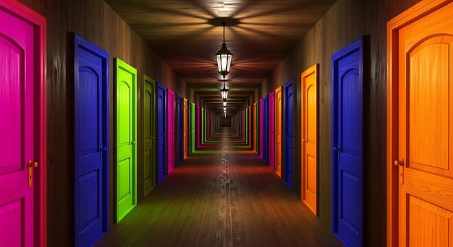 Colorful hallway with infinite doors perspective