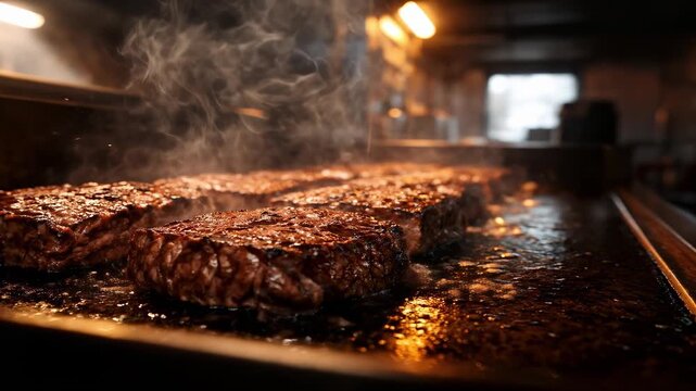 Grilled beef steaks sizzling on a hot griddle with steam rising, showcasing a close-up view of the meat's texture and sear, illuminated by warm overhead lights in a kitchen setting