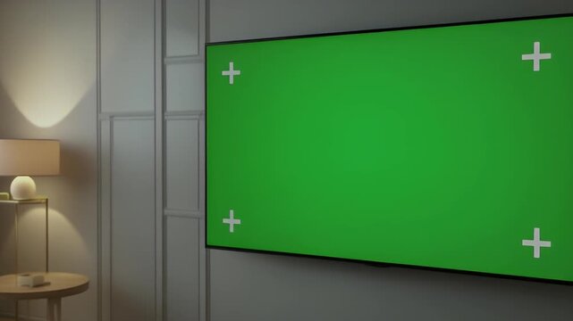 A large green screen television with tracking markers mounted on a modern wall next to a lamp.