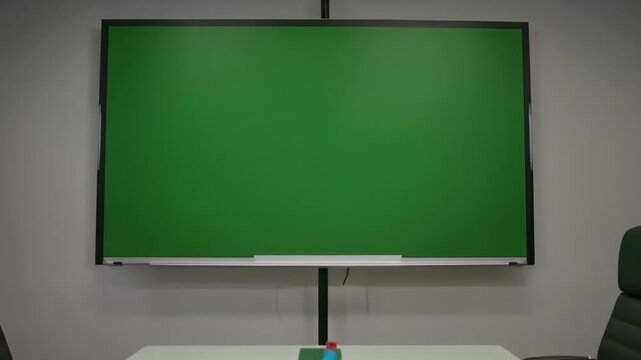 A large green screen or interactive display board mounted on a light gray wall in a modern meeting room, with a white shelf below and a table in the foreground.