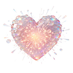 Magic Crystal Heart with Sparkling Bubbles and Light Bursts 3D Render for Romantic Valentine Day Love Celebration and Wedding Design Assets