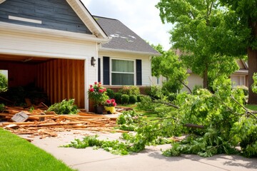 Fototapeta premium Devastating Aftermath of Storm: Uprooted Trees and Collapsed Garage Scene
