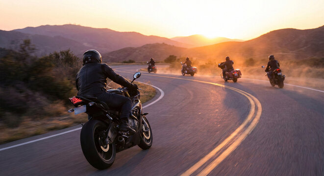 Group of bikers riding motorcycles on winding mountain road at sunset, freedom and motorcycle club travel
