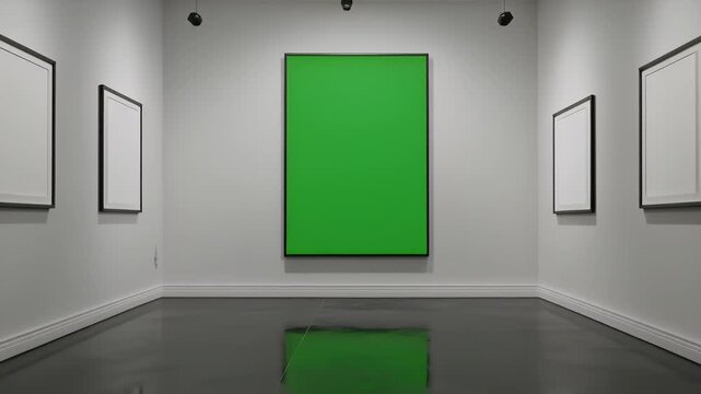 An empty modern art gallery room with a large green screen canvas and blank white frames on the walls.
