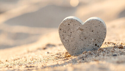 Fototapeta premium Heart-shaped concrete block on sandy surface, rough texture. Strength, resilience and enduring love.