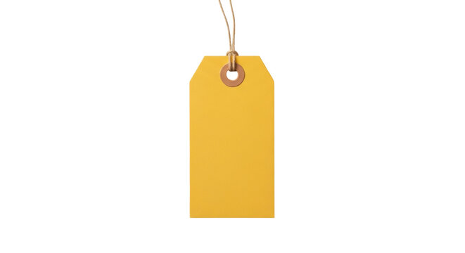 Blank yellow tag isolated PNG on transparent background, price label for retail and product branding mockups