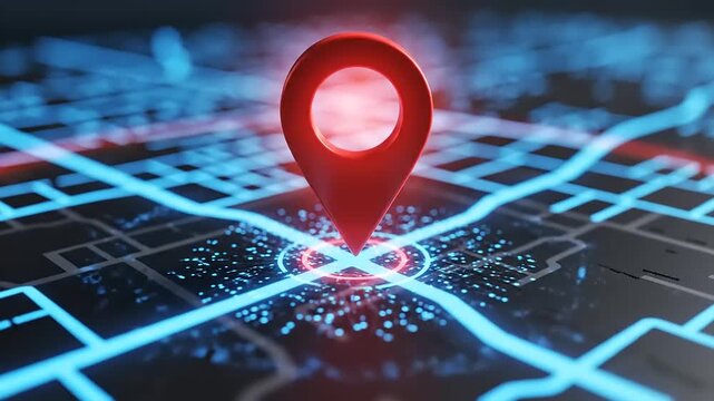 Global location tracking and navigation concept with map pin and futuristic glowing lines