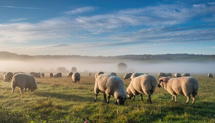 Fototapeta premium Tranquil Morning Scene of Sheep Grazing in Misty Meadow Landscape