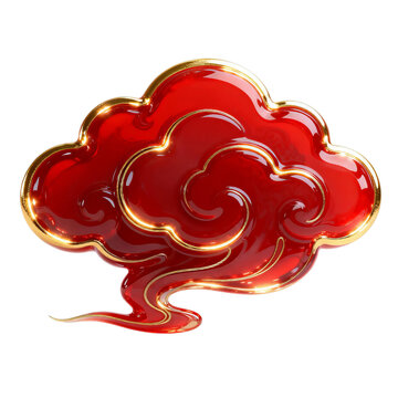 Traditional 3D red and gold auspicious cloud ornament in glassy texture isolated on gray background for oriental cultural decoration