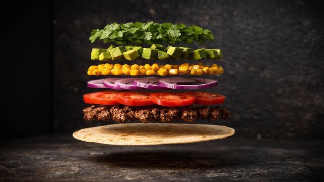 Deconstructed Mexican taco layers floating in air. Tortilla with flying beef, tomatoes, onions, corn, avocado, and cilantro. Creative deconstructed food concept for advertising and menu design