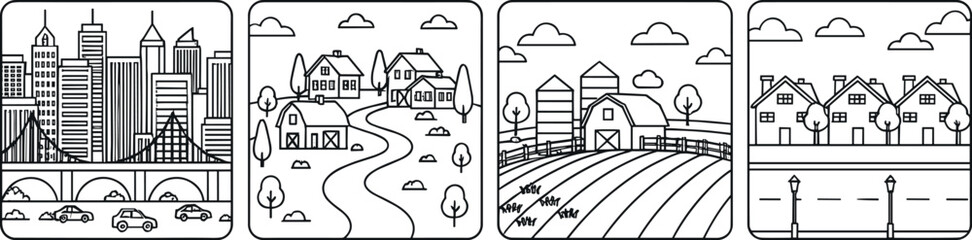 Minimal black line square landscape scenes showing modern city skyline, countryside village, farmland fields and suburban neighborhood © REYAD