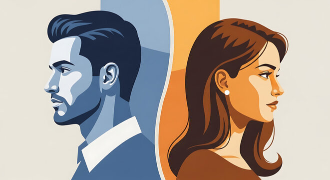 Illustration of a man and woman facing right in profile with contrasting colors and styles gender equality