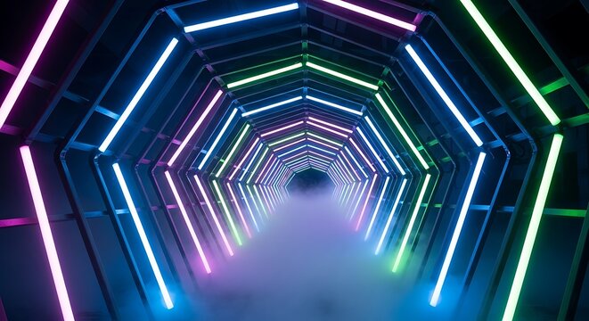 Futuristic Neon Tunnel with Hexagonal Shapes.