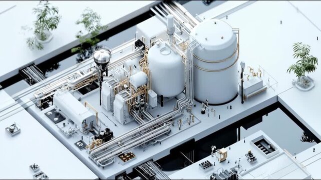 A detailed, isometric rendering of a white, industrial complex with piping, tanks, and machinery. Small plants are scattered throughout