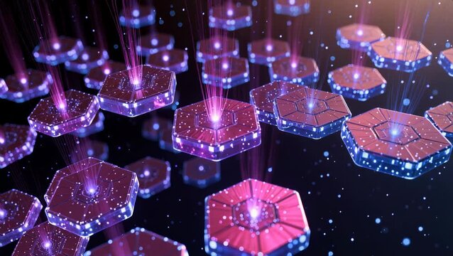 Futuristic hexagonal nodes interconnected by energy beams