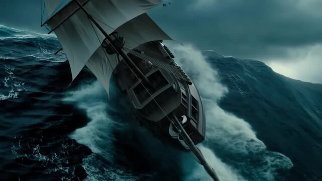 Historical wooden sailing ship with billowing sails struggles through massive stormy ocean waves under dark overcast sky, conveying nature's power and peril at sea video footage