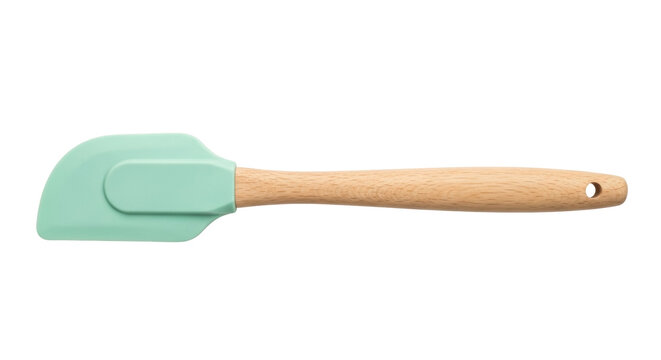 Mint green silicone spatula with wooden handle isolated PNG, kitchen utensil for cooking and baking on transparent background