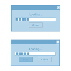 Minimalist Loading Progress Bar Dialog Boxes with Done and Cancel Buttons Flat Vector Illustration