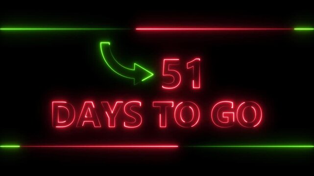 Neon bright text 51 day inside a horizontal banner red color animation. Display day 51 text animation, calendar counter concept.