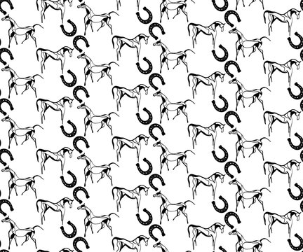 Abstract Hand Drawing Horses and Horseshoes Seamless Vector Western Pattern Isolated Background