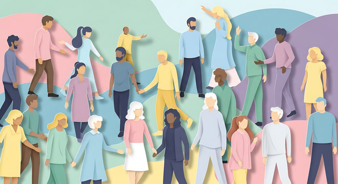 Diverse group of people standing together in a colorful illustration with various individuals from different ethnicities and age groups on a multicolored background gender equality