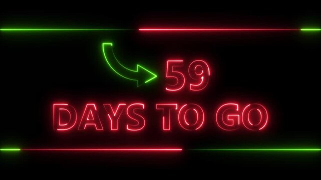 Neon bright text 59 day inside a horizontal banner red color animation. Display day 59 text animation, calendar counter concept.