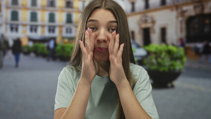 Fototapeta premium Teenage caucasian girl cups hands on mouth in a crowded outdoor street plaza; enthusiasm connection.