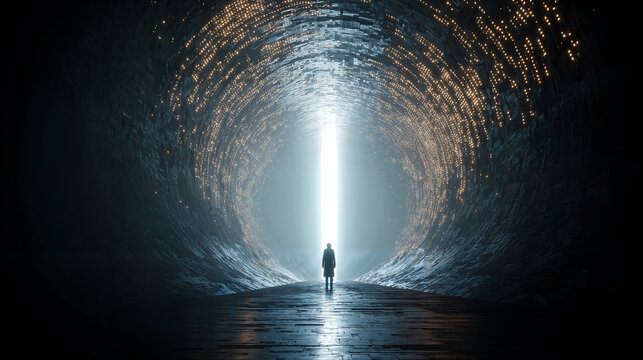 Silhouette of person standing at end of digital block tunnel, challenger exploring the depth of technology / デジタルブロックのトンネルの先に立つ人物のシルエット、テクノロジーの深みを探求する挑戦者