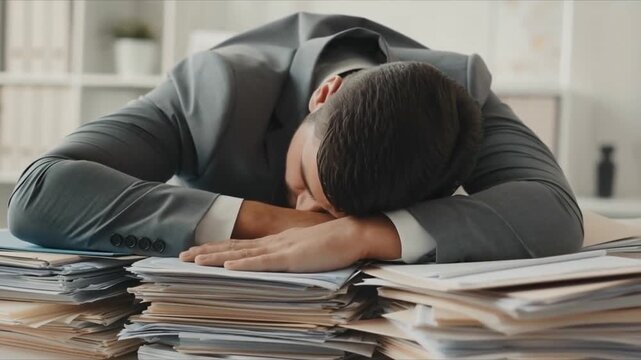 Burnout in the Office: A weary professional rests his head on a towering stack of paperwork.