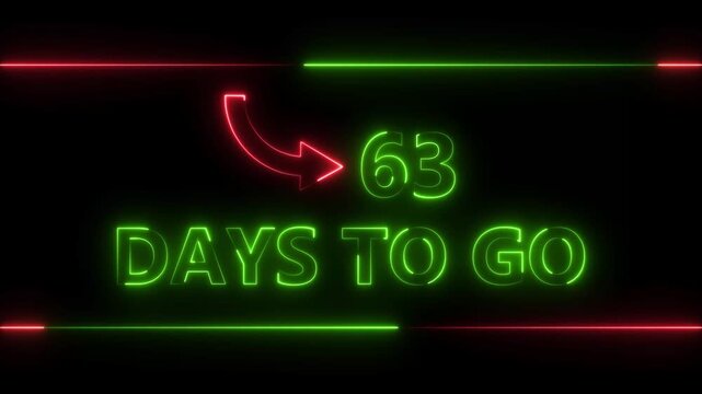 Neon bright text 63 day inside a horizontal banner green color animation. Display day 63 text animation, calendar counter concept.
