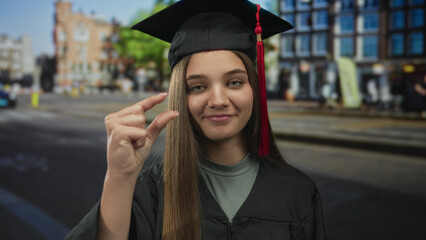 Woman pinches fingers wearing graduation cap and gown on busy city street lined with buildings;...