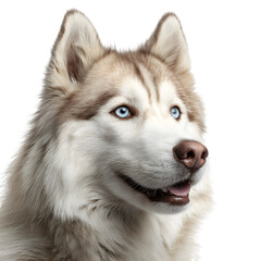 Obraz premium Siberian husky dog with blue eyes and white fur looking sideways with mouth open.