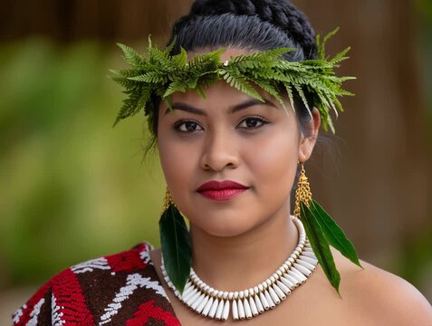Polynesian woman in traditional adornments showcasing cultural heritage