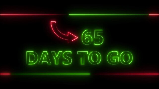 Neon bright text 65 day inside a horizontal banner green color animation. Display day 65 text animation, calendar counter concept.