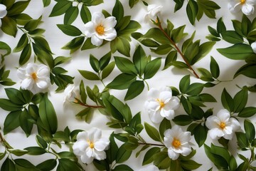 Fototapeta premium White Flowers and Green Leaves Flat Lay Pattern View from the Top