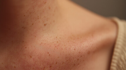 Naklejka premium Close up view of dry flaky chest skin with visible pores, freckles and textured surface showing natural skin detail and mild irritation