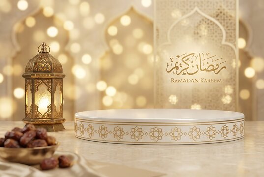 Elegant Islamic Lantern and Dates on Podium for Ramadan Kareem Celebration.