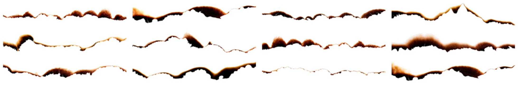 collection of various burnt paper edges isolated on a transparent background, perfect for adding distressed texture.
