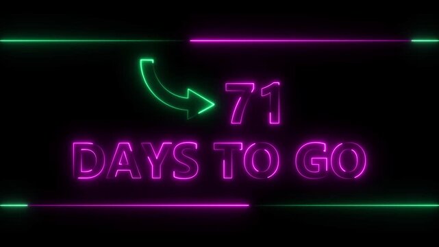 Neon bright text 71 day inside a horizontal banner magenta color animation. Display day 71 text animation, calendar counter concept.