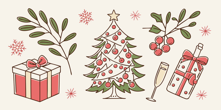 Christmas festive icons set with decorated fir tree gift box champagne glass and winter foliage elements christmas celebration decoration seasonal illustration ornament