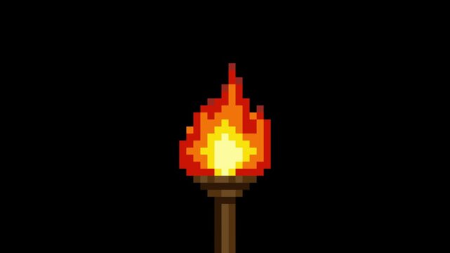 Flaming Torch Pixel Art Animation on Black Background
