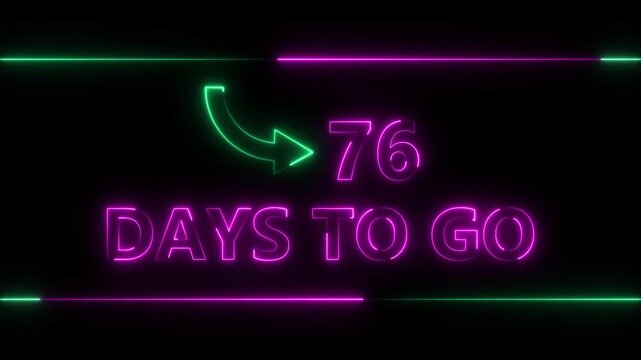 Neon bright text 76 day inside a horizontal banner magenta color animation. Display day 76 text animation, calendar counter concept.
