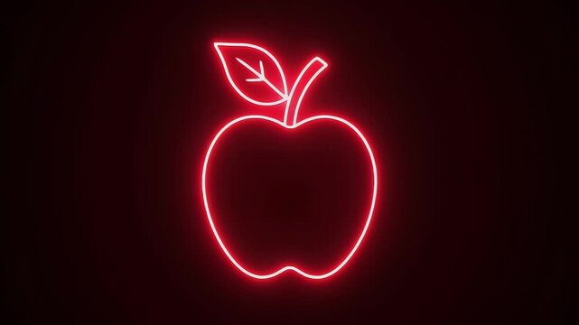 A glowing red neon outline of an apple on a dark background.