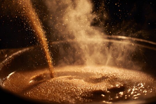 Steamy Nicaraguan night scent of melting cajeta sugar dance through air Atol rich milky chocolate dessert slowly rise bubbling pot of warm masa flour sweet cinnamon clean professional stock photo