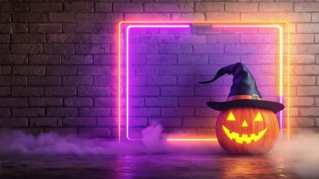 A spooky Halloween pumpkin with a hat illuminated by colorful neon lights against a brick wall.