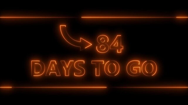 Neon bright text 84 day inside a horizontal banner orange color animation. Display day 84 text animation, calendar counter concept.