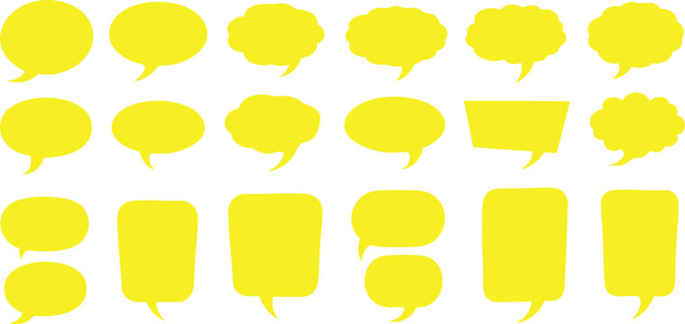 Bright yellow speech and thought bubbles arranged on a white background